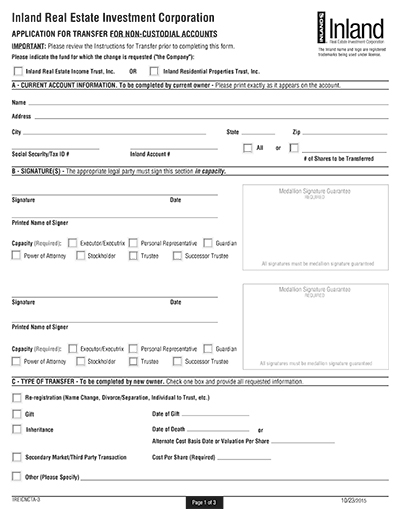 Application for Transfer for Non-Custodial Accounts For
