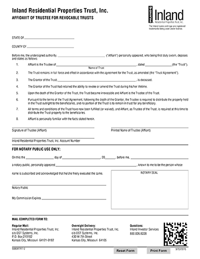 Affidavit of Trustee for Revocable Trusts Form